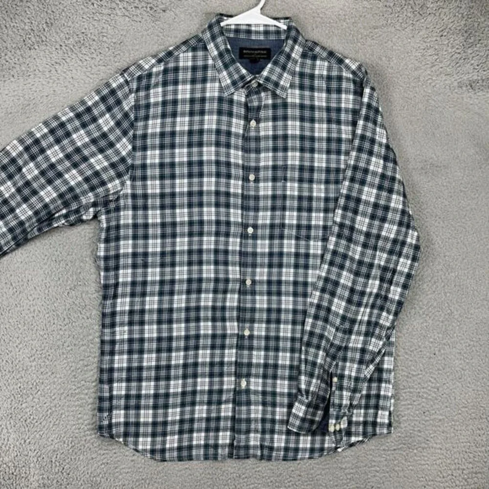 Banana Republic Button Up Shirt Men Large Navy Plaid Stretch Soft Wash Slim Fit